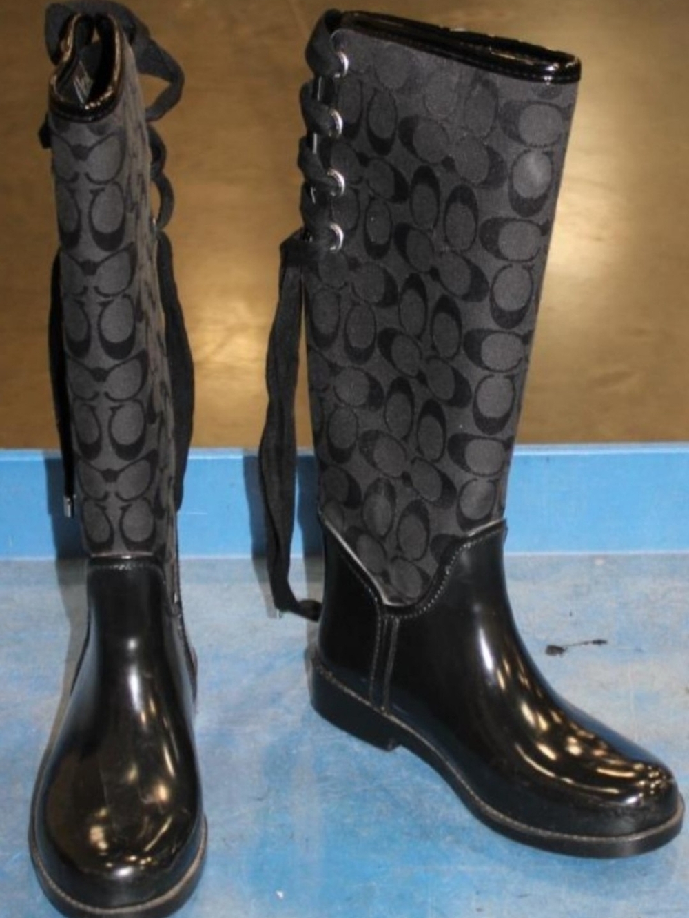 Coach Black Signature Lace-Back Rain Boots 6B